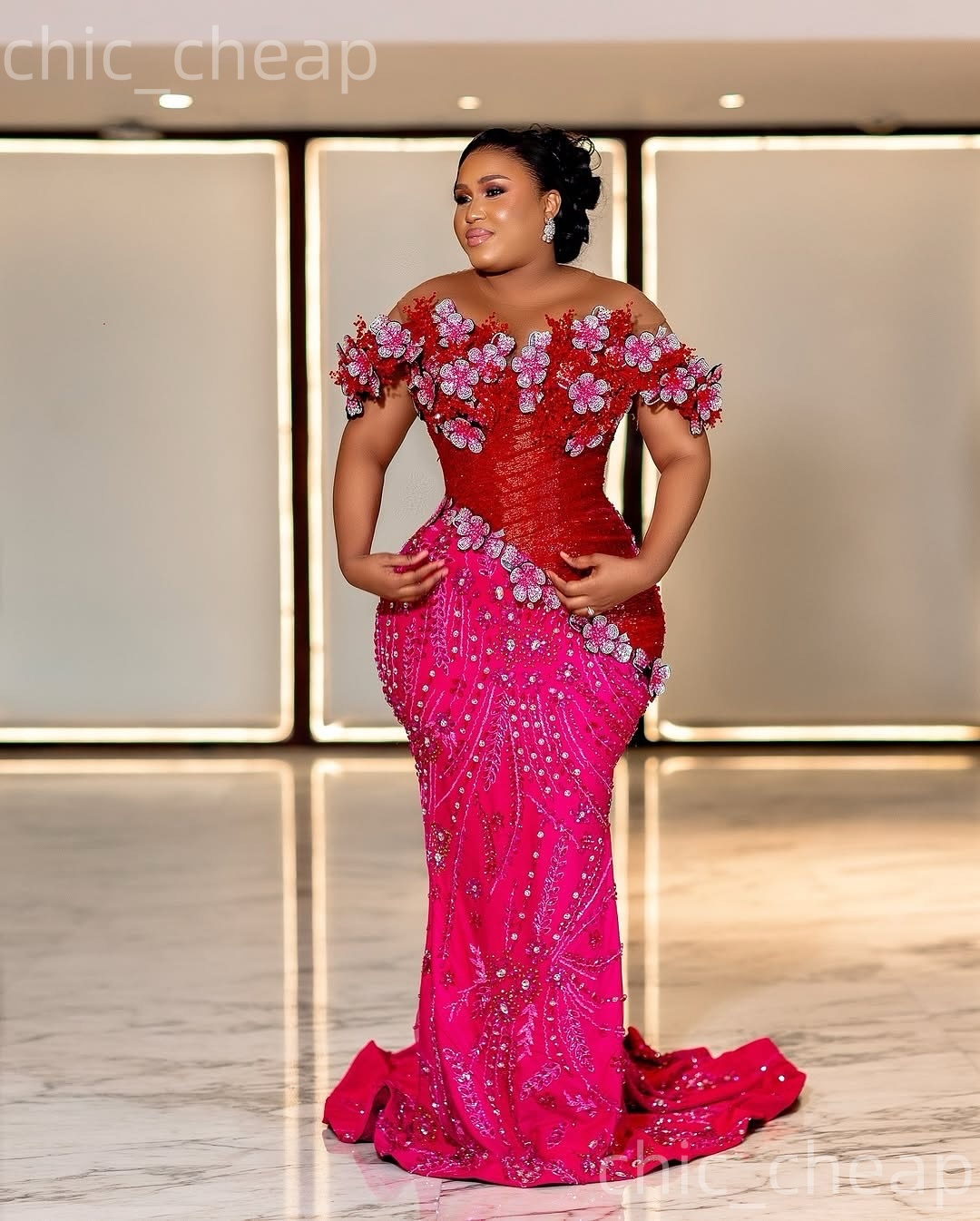 Aso Ebi Fuchsia Mermaid Prom Dresses 2026 Flowers Crystals With A Wrap Evening Formal Party Second Birthday Engagement Gowns Plus Size Dress For Speci