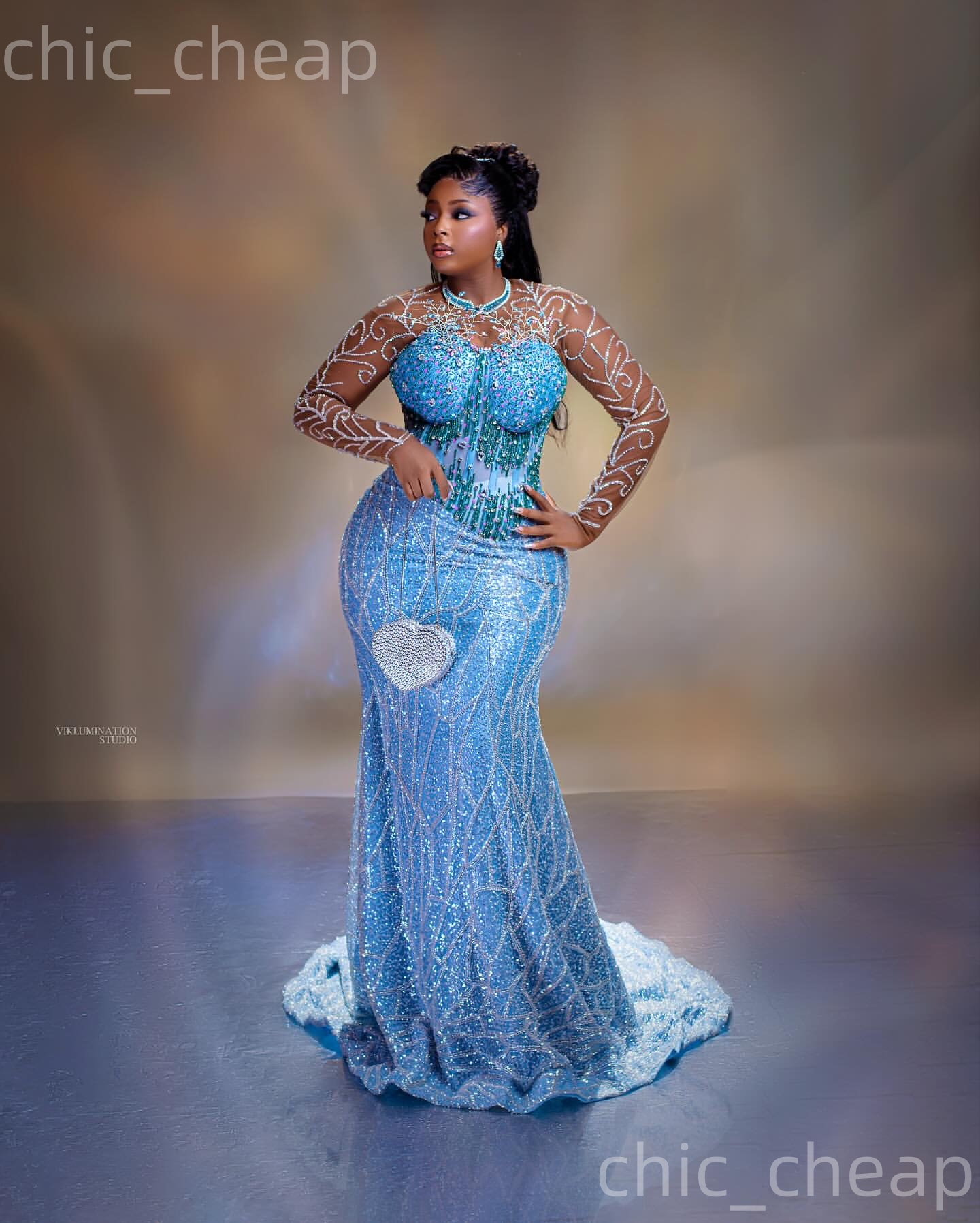 Aso Ebi Sky Blue Mermaid Prom Dresses 2026 Crystals Beaded Full Sleeves Evening Formal Party Second Birthday Engagement Gowns Plus Size Dress For Spec