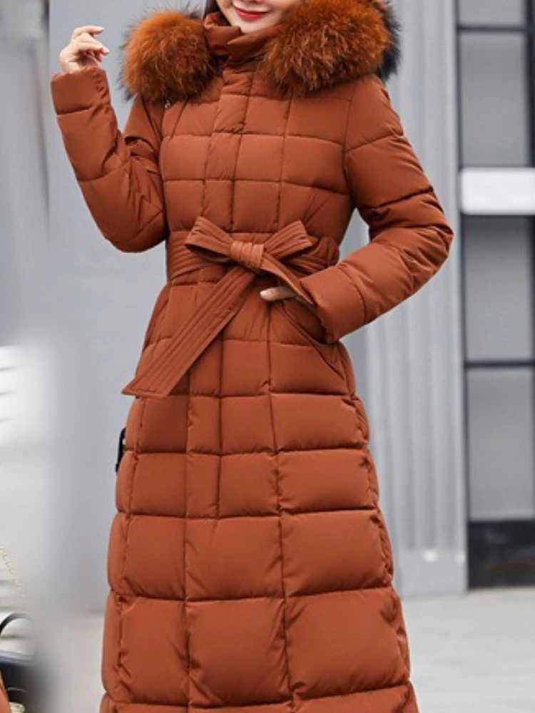 New Winter Womens Jacket Warm Fashion Comfortable Bow Belt Fox Fur Collar Clothes Long Dress Office Casual Womens Thick CoatT251201