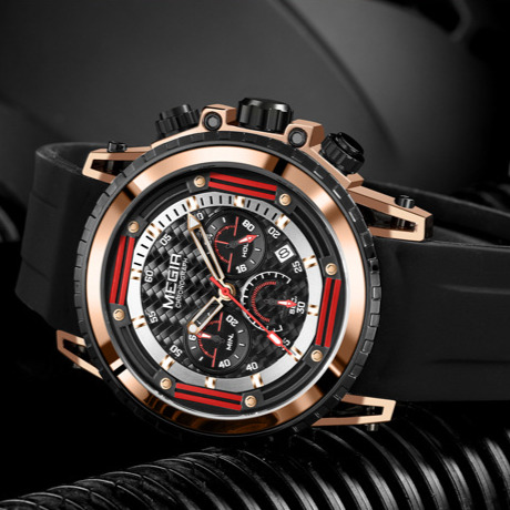 MEGIR Designer Men's Watch Luminous Waterproof Silicone Chronograph Outdoors Sports Watch Fashion Quartz Men's Watch 2143 Luxury Wristwatch 