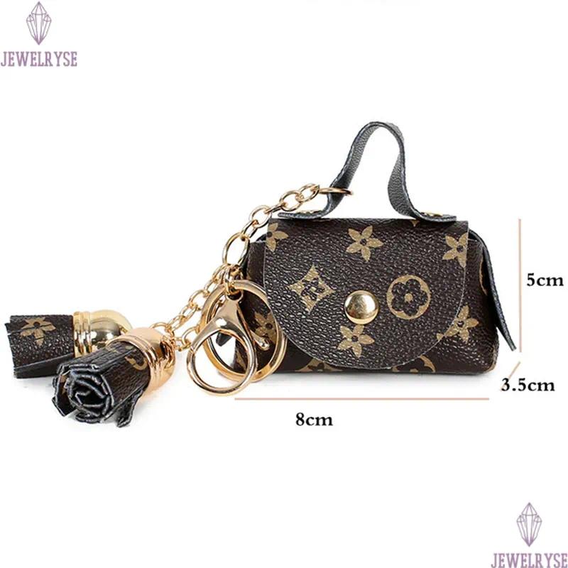 Leather Key Chains Rings Jewelry Brown Flower Plaid Tassel Coin Purse Keyrings Pendant Fashion Mini Storage Bag Charm Keychains Accessories