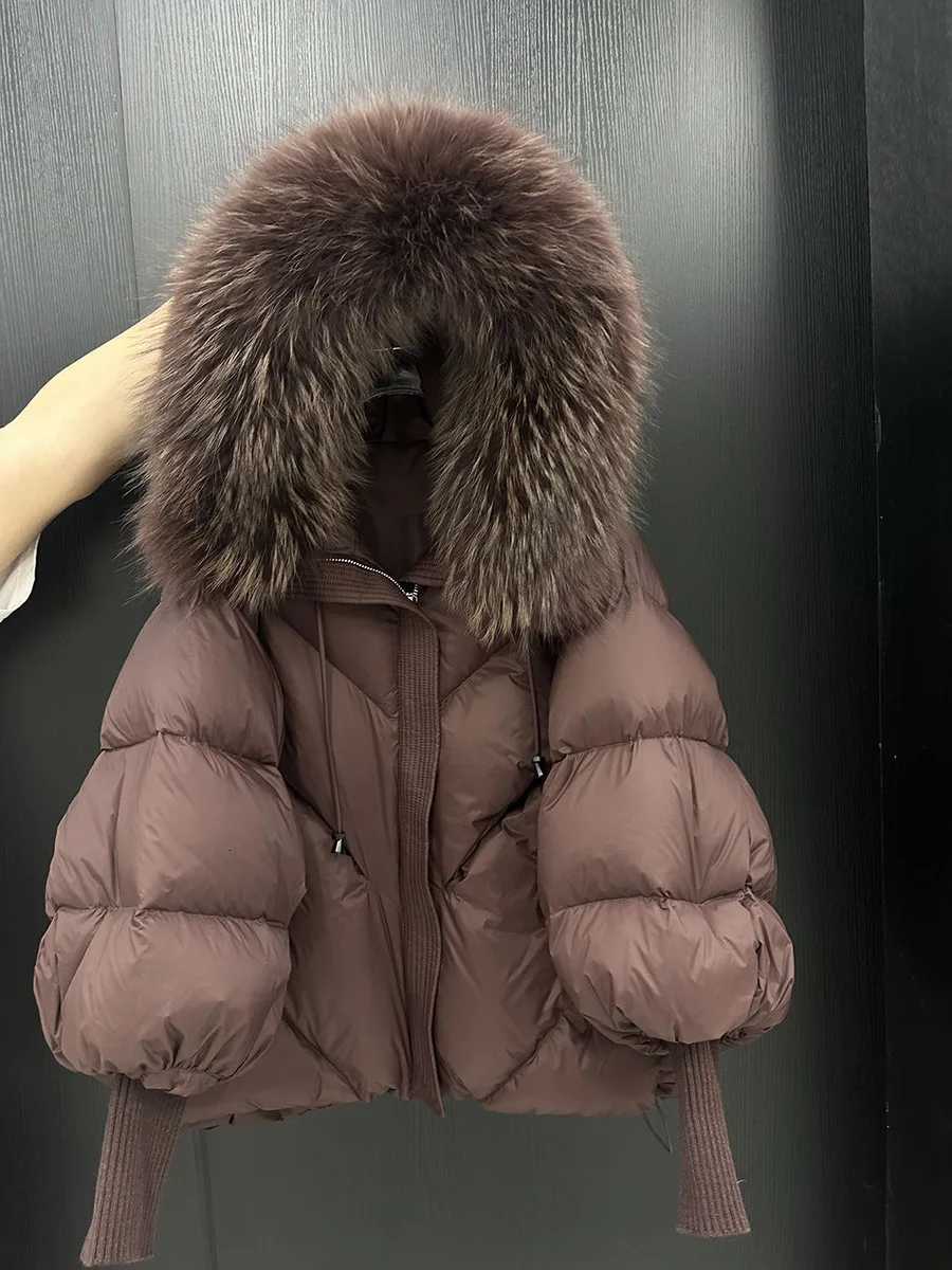 Winter Natural Large Fur Collar Hooded Down Jacket Female Lantern Sleeve Warm Quilted Jacket Women Short White Duck Down OutwearT251201