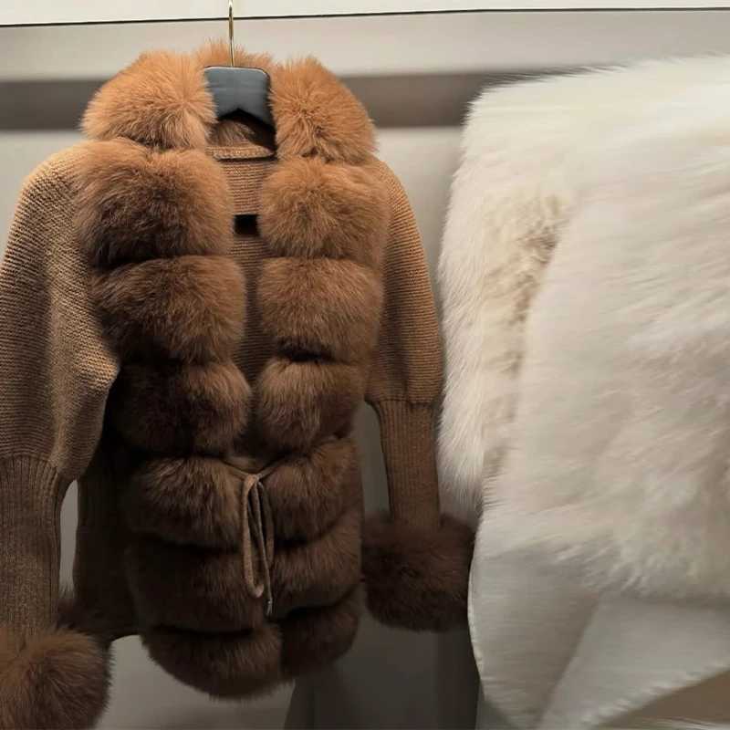 Elegant Faux Fur Patchwork Sweater Coat Women Lapel Furry Collar Slim Fit Knitted Lace-Up Cardigan 2025 New Autumn Lady CoatsT251201