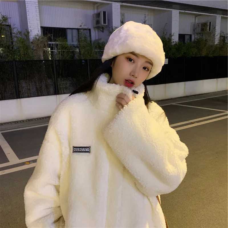 Women Winter Thicken Lamb Wool Coat Faux Fur Warm Stand Collar Outerwear Female Zipper Loose Jacket Full Sleeved SweatshirtsT251201