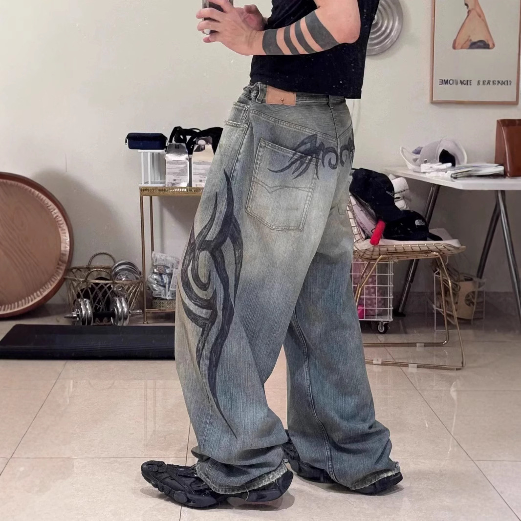 Trendy Harajuku Street Y2K Bone Embroidered Jeans Mens Loose Straight Pants Washed Gray Jeans Mens Summer Hip-hop Trousers 240819