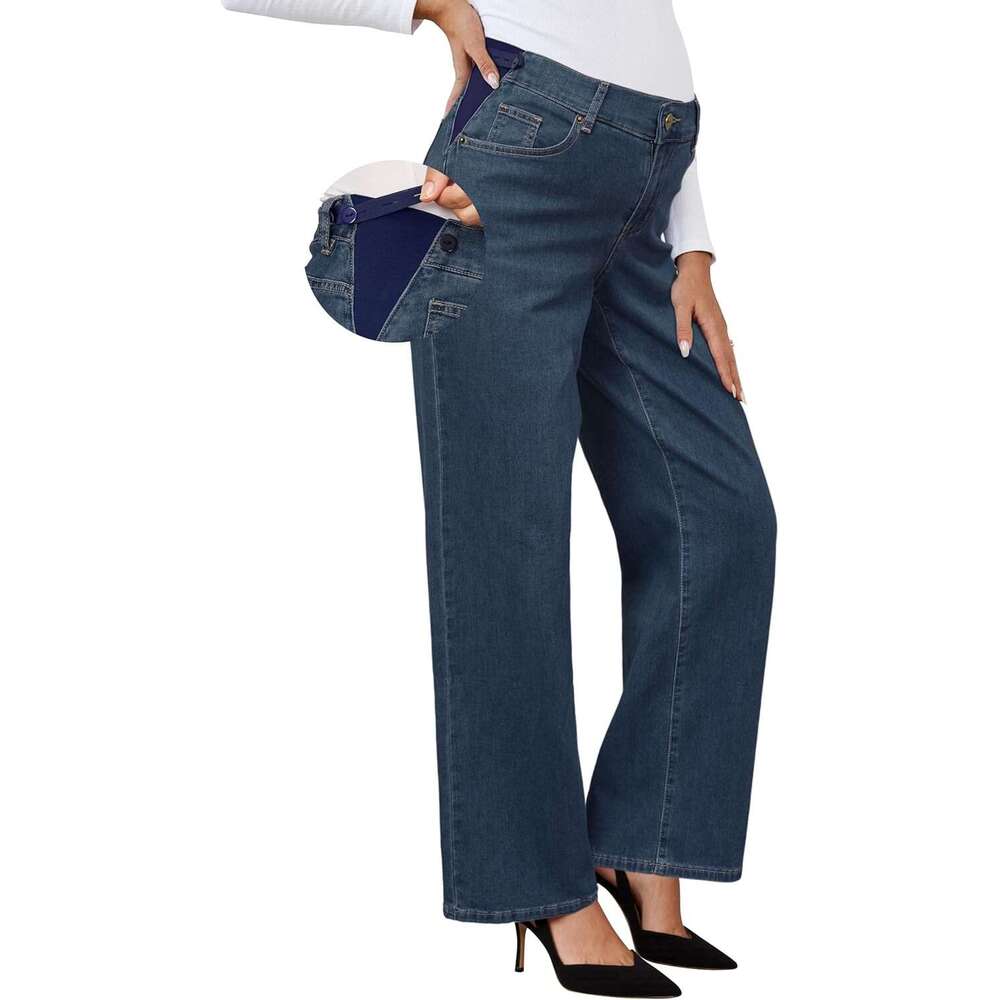 Womens Adjustable Waistband Cotton Blend Stretchy Maternity Jeans Loose Fit Straight Denim Wide Leg Work Pants