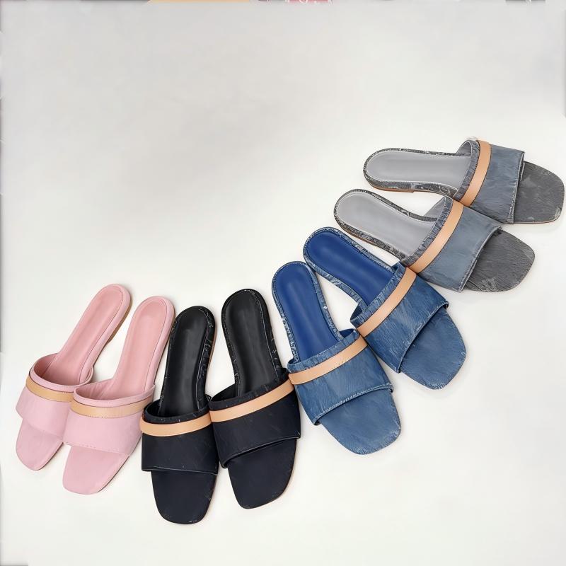 designer shoes Designer Comfort Sandal slippe Square Toe Printed Denim Mule Slides - Single Strap Buckle Design Casual Footwear Summer Casual Shoe Beach Flip Flops