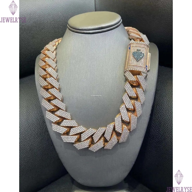 Fully Iced MOISSANITE 20mm Cuban k Hip Hop Chain Rose Gold Plated Multi Size Available Featuring Dia pass tester