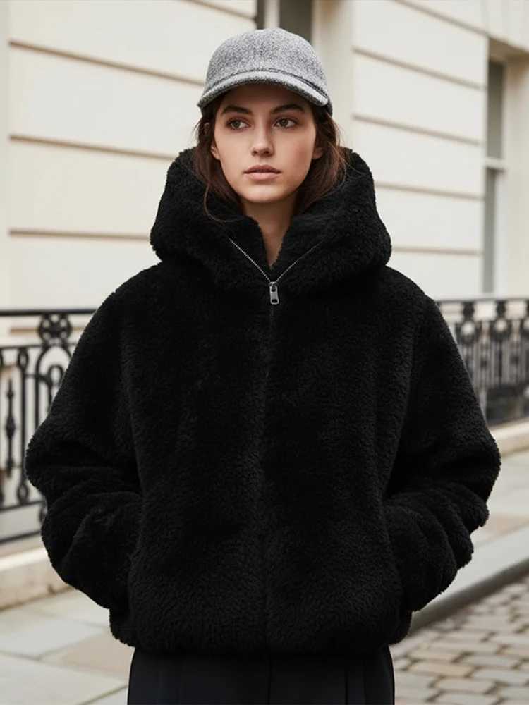 chic Fluffy Hooded Short Faux Fur Coat Women Casual Solid Full Sleeve Zipper Pocket Loose Warm Jacket Lady Winter Commute CoatsT251201