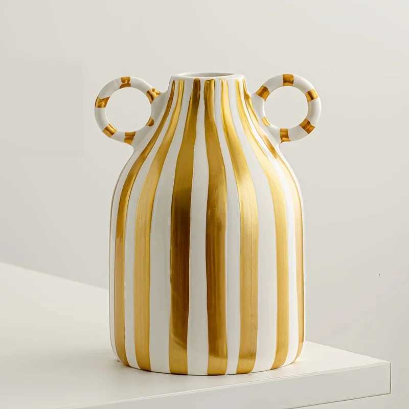 Hand-Painted Ceramic Vase with Dual Handles - Striped Cylinder Design for Living Ro Decor Earthenware Decorative Ornaments Y251201