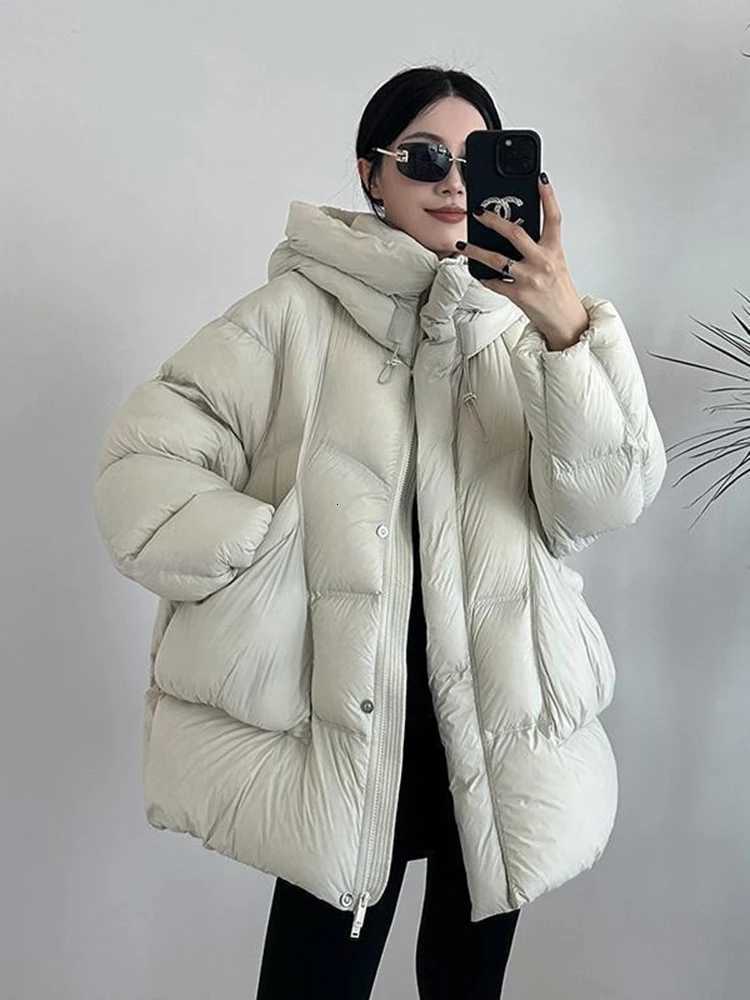 Winter New Puff Down Jacket Female Thickened White Duck Down Warm Coat Women Medium-length Loose Solid Thick Hooded OvercoatT251201