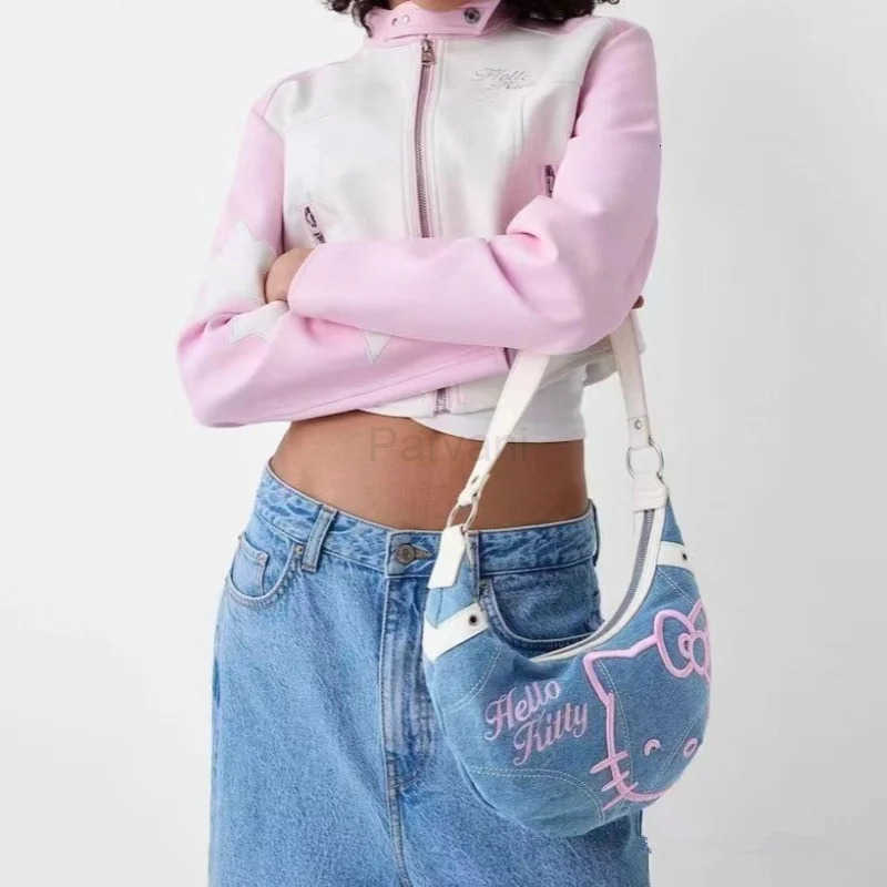 Sanrio Kawaii Hello Kitty Denim Embroidered Armpit Bag Fashion Crossbody Bag Female Cartoon Cute Portable Shoulder Bag Croissant Bag H251201 - view 3