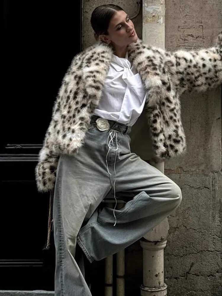 HH 2025 Winter Leopard Print Faux Fur Jackets For Women Long Sleeve Lapel Thick Warm Soft Fluffy Fur Coats Lady Loose StreetwearT251201