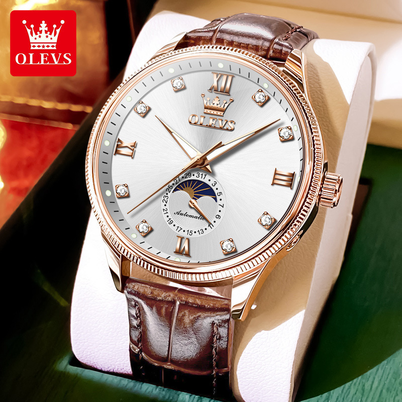 OLEVS Designer Luxury Men's Brand Business Diamond Watch Fully Automatic Mechanical Sun Moon Star Night Light Waterproof Watch Classic Versatile 