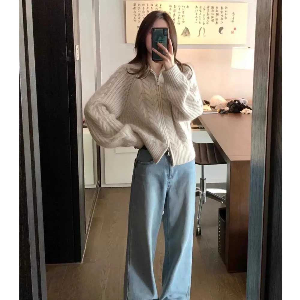 European high-neck zipper cashmere cardigan womens autumn winter thickened sweater wool knitted sweater twist coat lapel top M260306