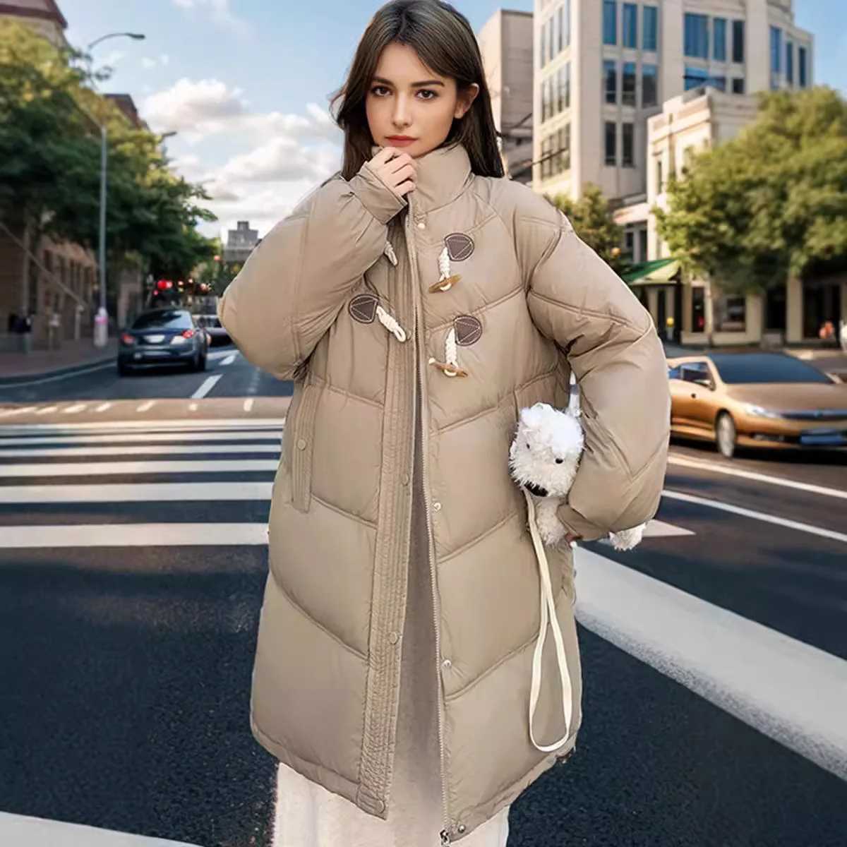 2025 Winter Womens Long Jacket Female Hooded Casual Thicken Warm Parkas Coats Horn Button High Collar Cotton Jacket For LadyT251201