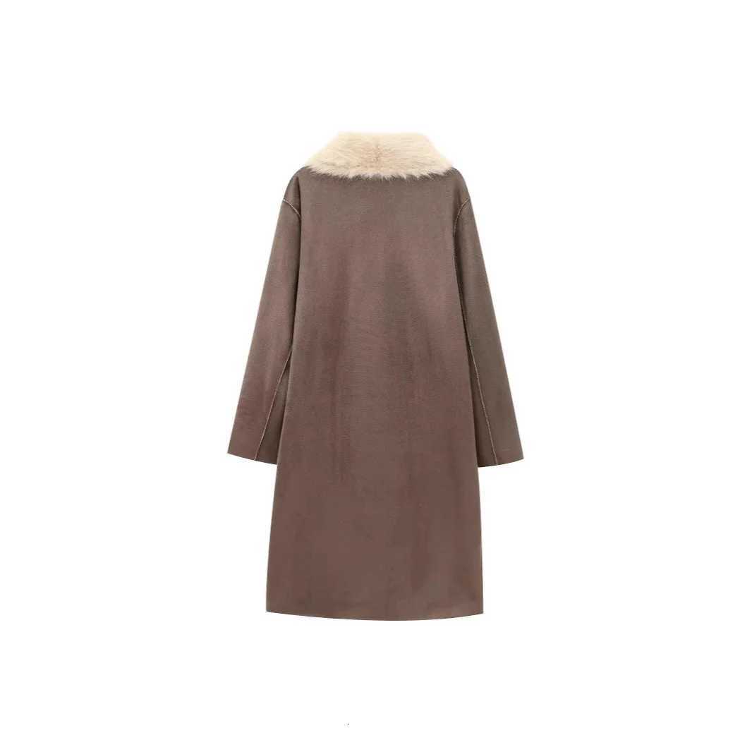 Vintage Fur Leather Long Jackets Women Casual Lapel Big Pockets Thicken Warm Coats Female 2024 Winter Chic Loose Outwears LadyT251201