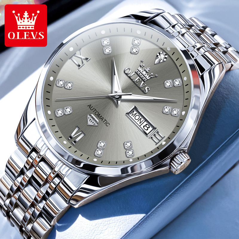 OLEVS Designer Outdoor Men's Automatic Mechanical Diamond Waterproof Double Calendar Steel Band Mechanical Business Watch Free Shipping Wholesale
