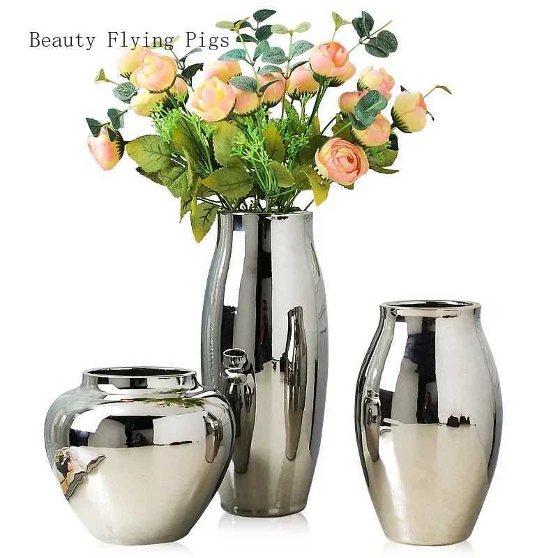 He living ro TV cabinet wine cabinet decoration ornaments simple fashion soft work art ceramic gold-plated silver vase Y251201