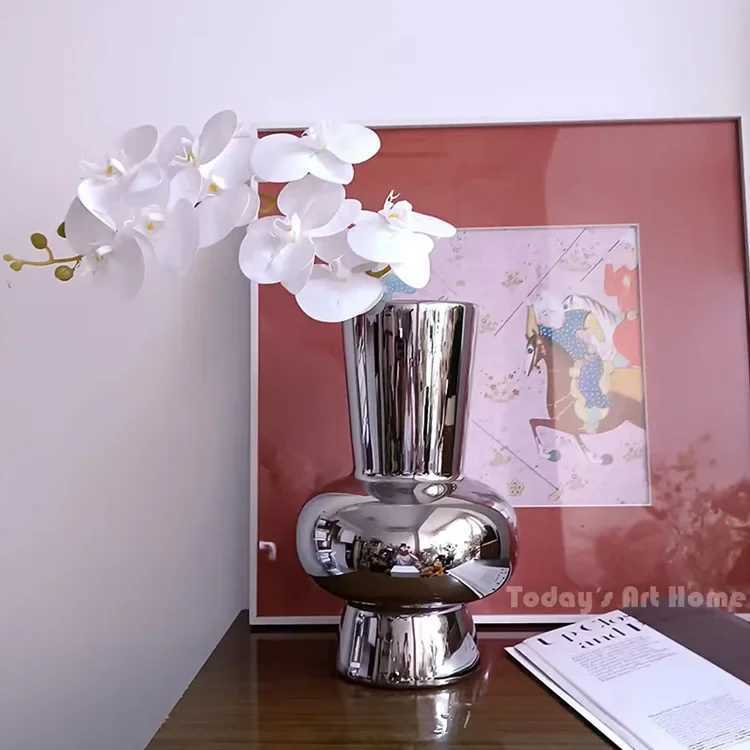 Silver Mirror Flower Vase Geetric Block Silver Plated Ceramic Vase Floral Arrangement Accessories He Decoration Y251201