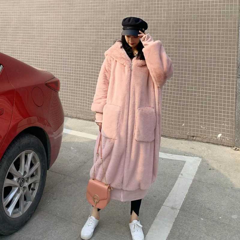 New Hooded Long Warm Thickened Jacket Trend Faux Rabbit Fur Coat Winter Casual Plush High-quality Outerwears TopT251201