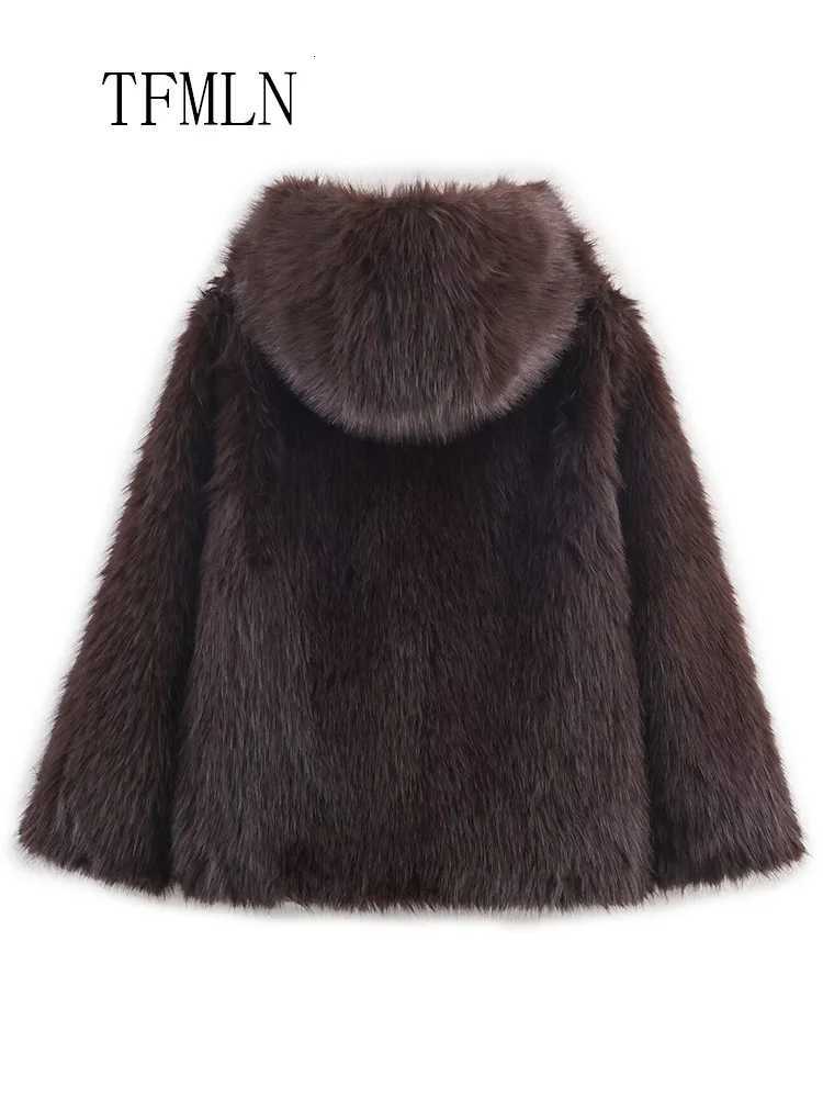 TFMLN Women Hooded Faux Fur Jackets 2025 Autumn Winter Fashion Thick Warm Causal Coats Chic Luxury Girls Furry Loose OutwearT251201