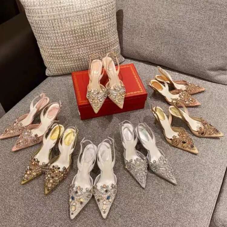 fashion party Wedding shoes Pointed toe buckle crysta pearl Stiletto Heel Slingback pump Rene dress shoes designers heels womens sandals Red Bottoms Heels