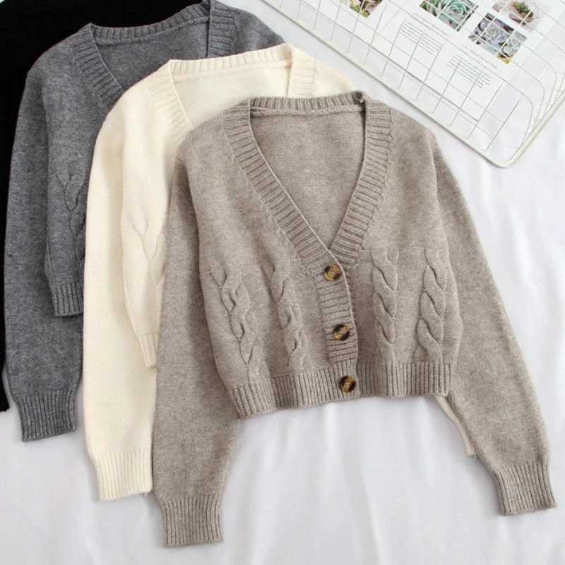 V Neck Cropped Cardigan Women Long Sleeve Twist Knitted Sweater Coats Autumn Winter Keep Warm Korean Fashion Jacket Cardigan a01 M260306