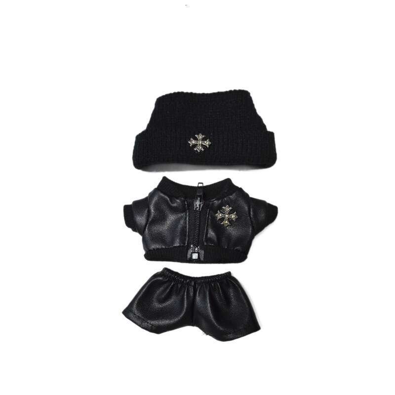 15/17cm Doll Labubu Sitting Party Motorcycle Trendy Cool Leather Jacket Hat Set Clothes