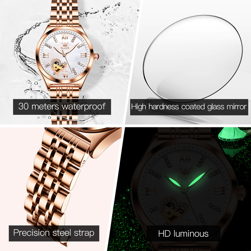 OLEVS Designer Classic Temperament Women's Watch Luxury Stainless Steel Waterproof Mechanical Watch Heart-shaped Diamond Business Watch Free Ship