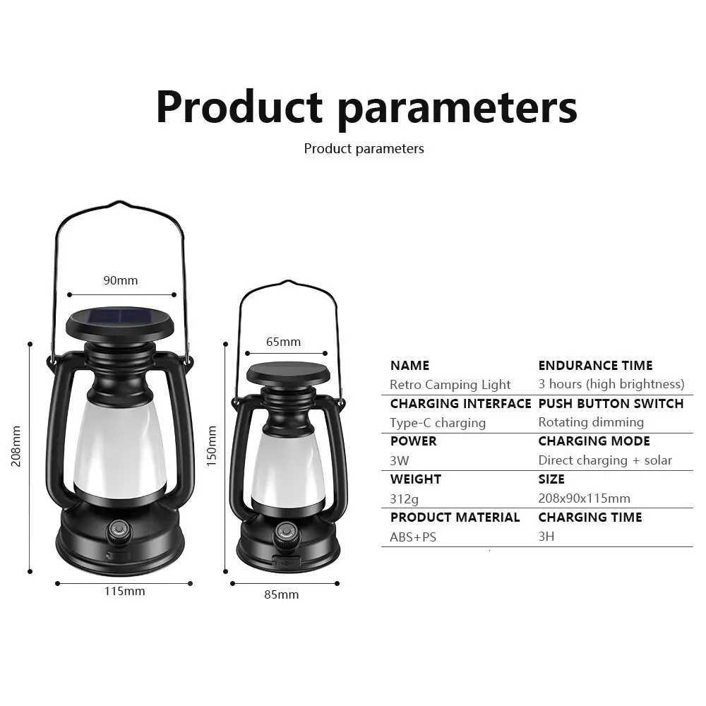 USB Rechargeable Camping Light Portable Camping Lanterns Hanging Tent Light 3000-5000K Stepless Dimming with Solar Charging M251201