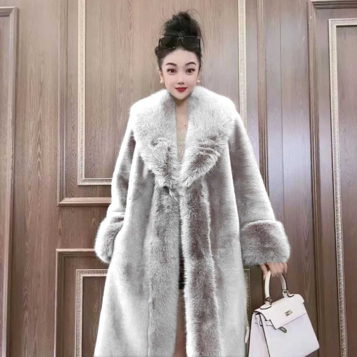 Faux Fur Coats Women Long Coat Thick Warm Turn Down Collar Open Stitch Spring Outerwear Jackets Elegant Splice Autumn WinterT251201