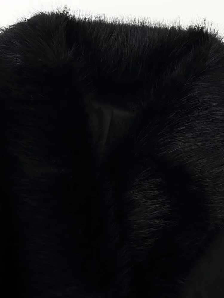 Women New Slim Black Faux Fur Woolen Patchwork Women Long Coat Chic Belt Full Sleeve Button Female Outwea CoatsT251201