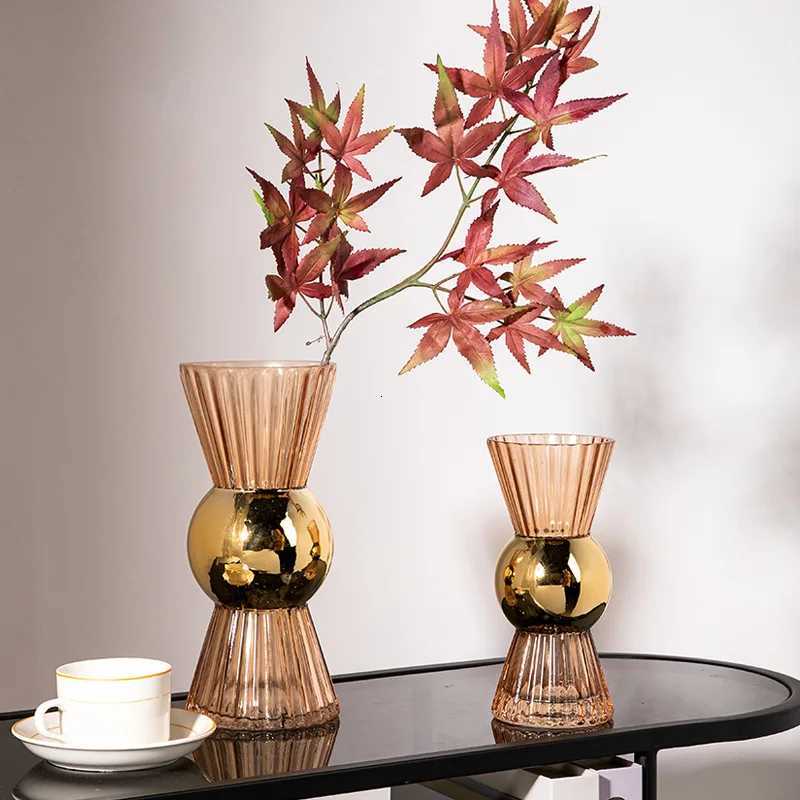 Colored Vase Transparent with Golden Geetry Stripe Flower Vases He Decoration Accessories Terrarium Y251201