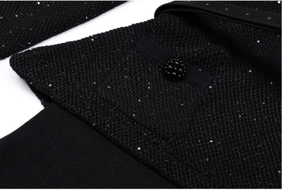 Brand 2026 High-End Custom Thick-Woven Fabric Dress Slim Fit, High Neck, Diamond Buttons, Contrasting Color Frills, Long Sleeves - Black and White C26