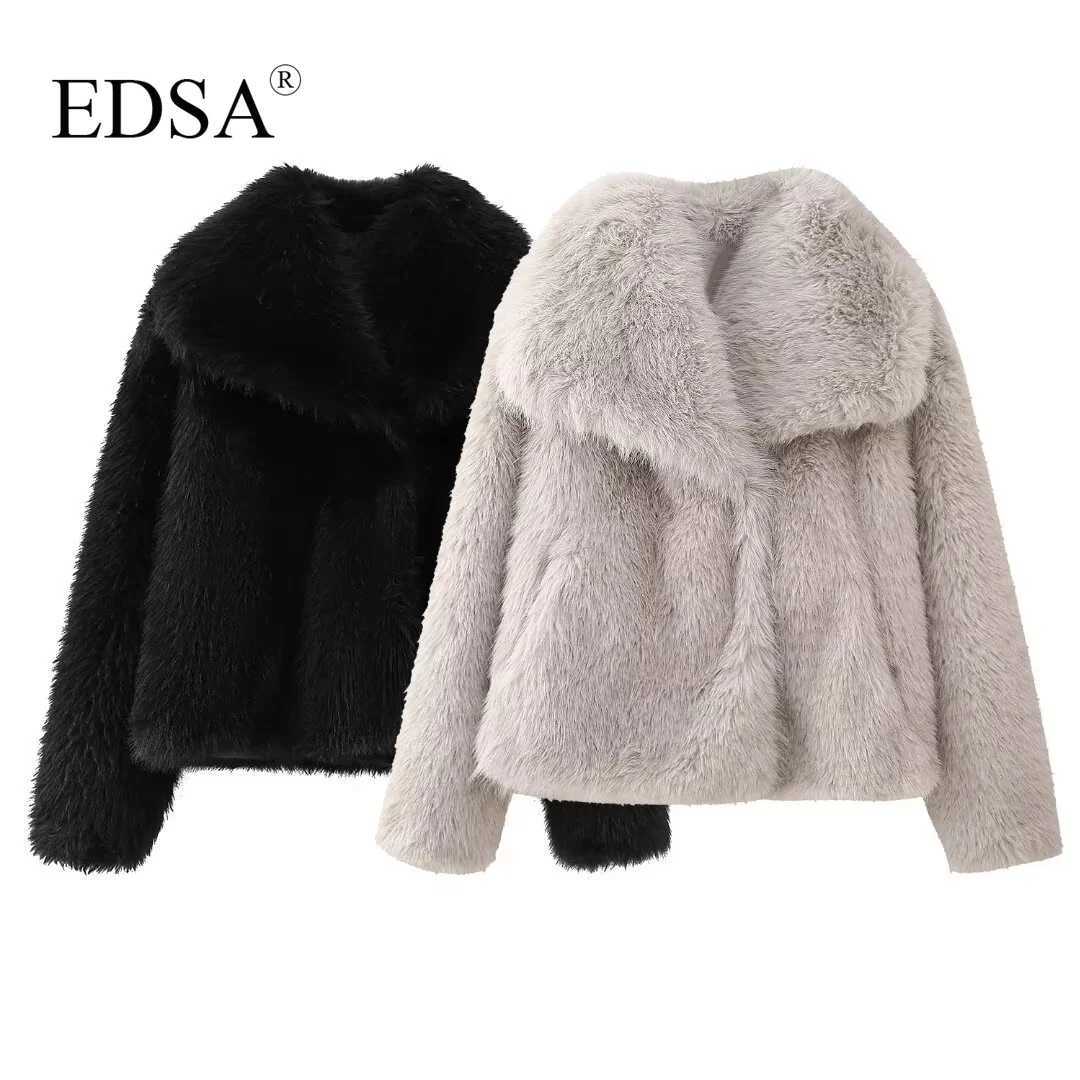 EDSA Women Fashion Faux Fur Jacket Vintage Turn-Down Collar Long Sleeve Coat Autumn Winter Woman Elegant StreetwearT251201