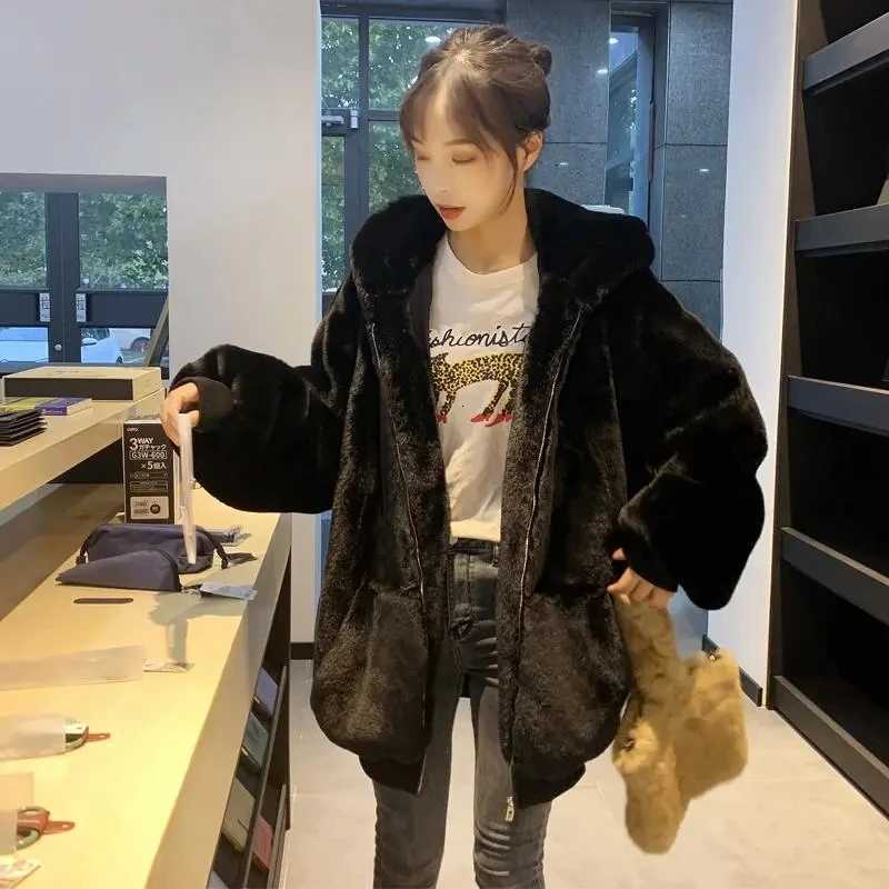 Korean Loose Thick Plush Coat For women Winter Imitation Fur rabbits Grass Coat Female Warm Zipper Jacket Hooded Parka OvercoatT251201