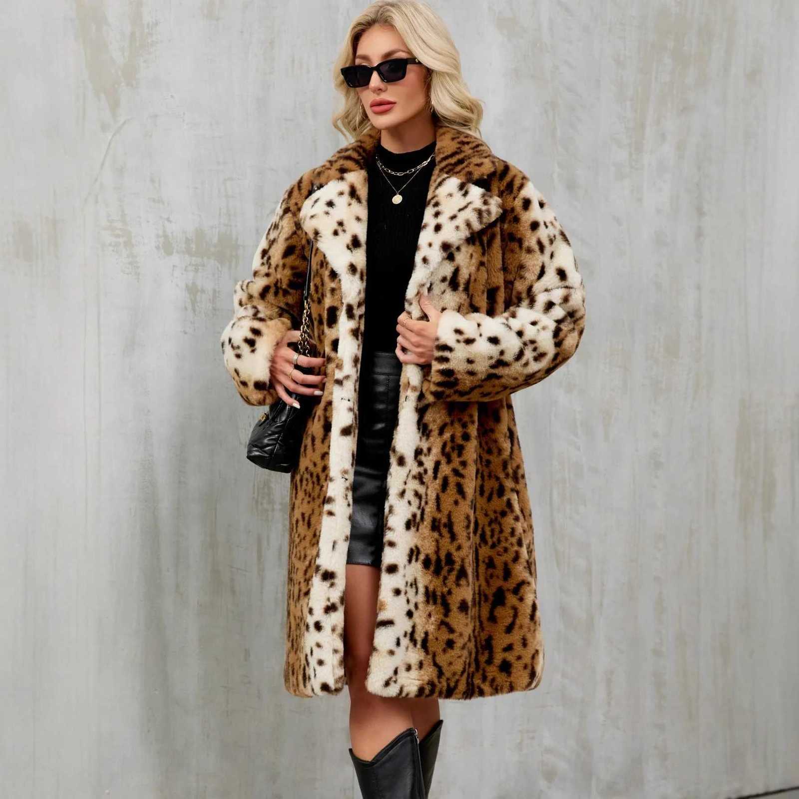 Faux Fur Women Coats Leopard Long Jackets Turn Down Collar Full Sleeves Single Breasted Straight Fit Casual Autumn Winter 2025T251201