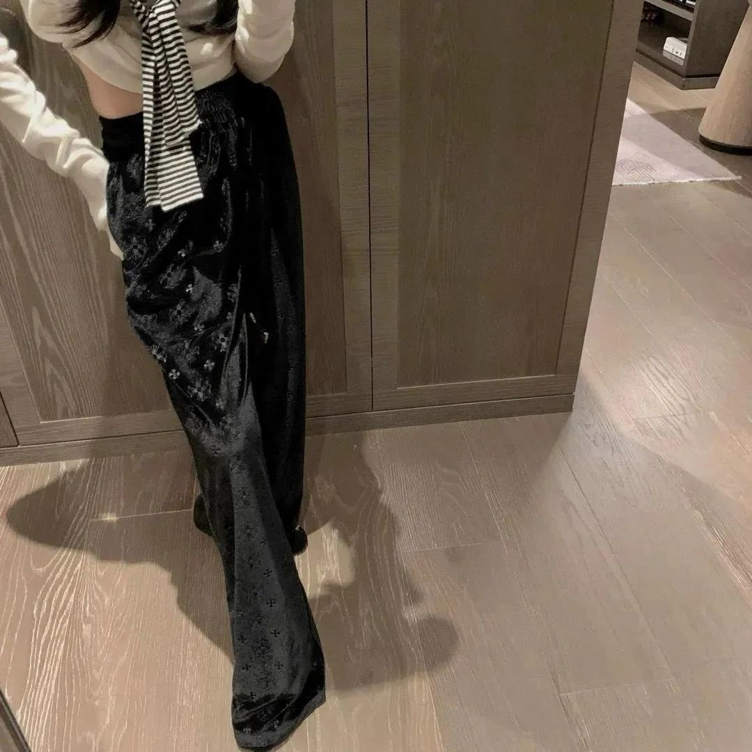 Women fashion color block elastic waist logo letter print velvet fabric autumn new designer long pants trousers SMLXLXXL3XL