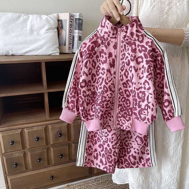 Children's girls' spring-autumn set - baby girl's autumn 2025 new style leopard print pullover with zipper and sports outfit - two-piece set trendy C251201