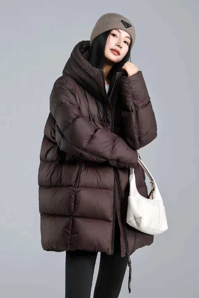 Winter Solid Hooded Mid Length Down Jacket Women 90 White Duck Down Loose Down Jacket Female Warm Double Zipper Parker OutwearsT251201