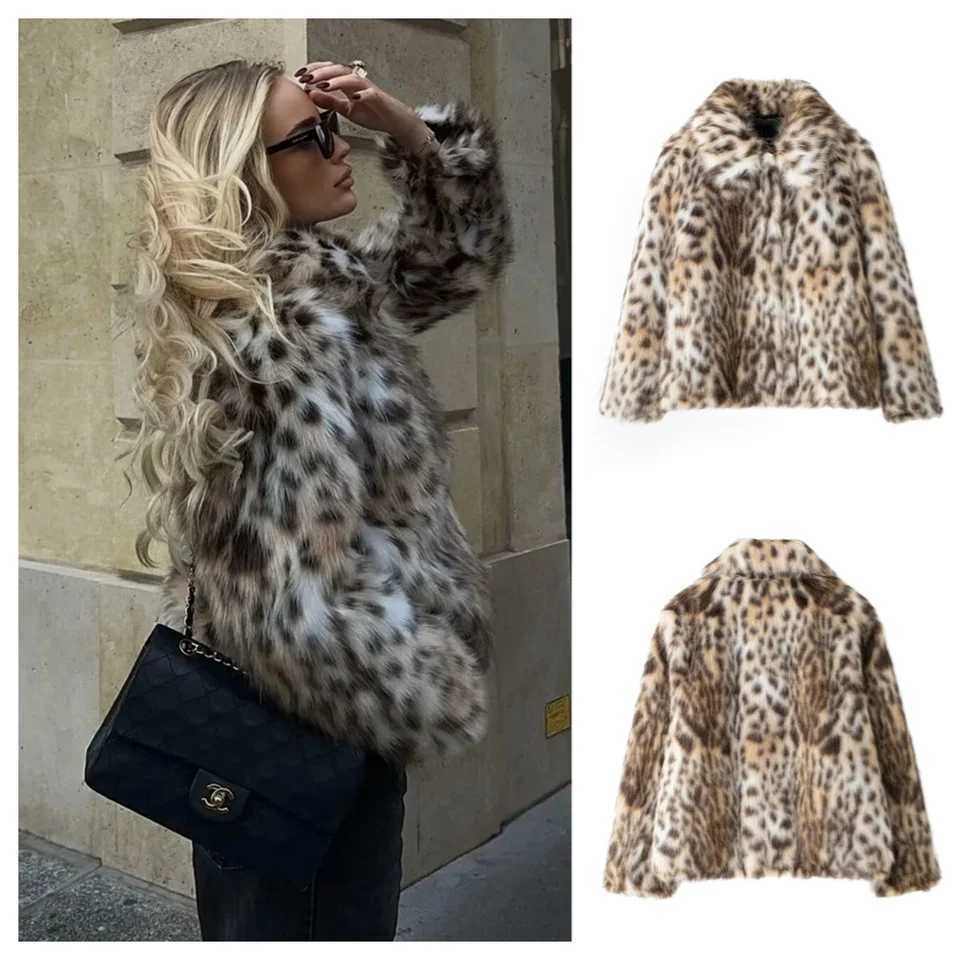 2024 Winter New Womens Clothing Style Simple and Premium Fur Effect Flip Collar Long Sleeve Leopard Pattern Hairy JacketT251201