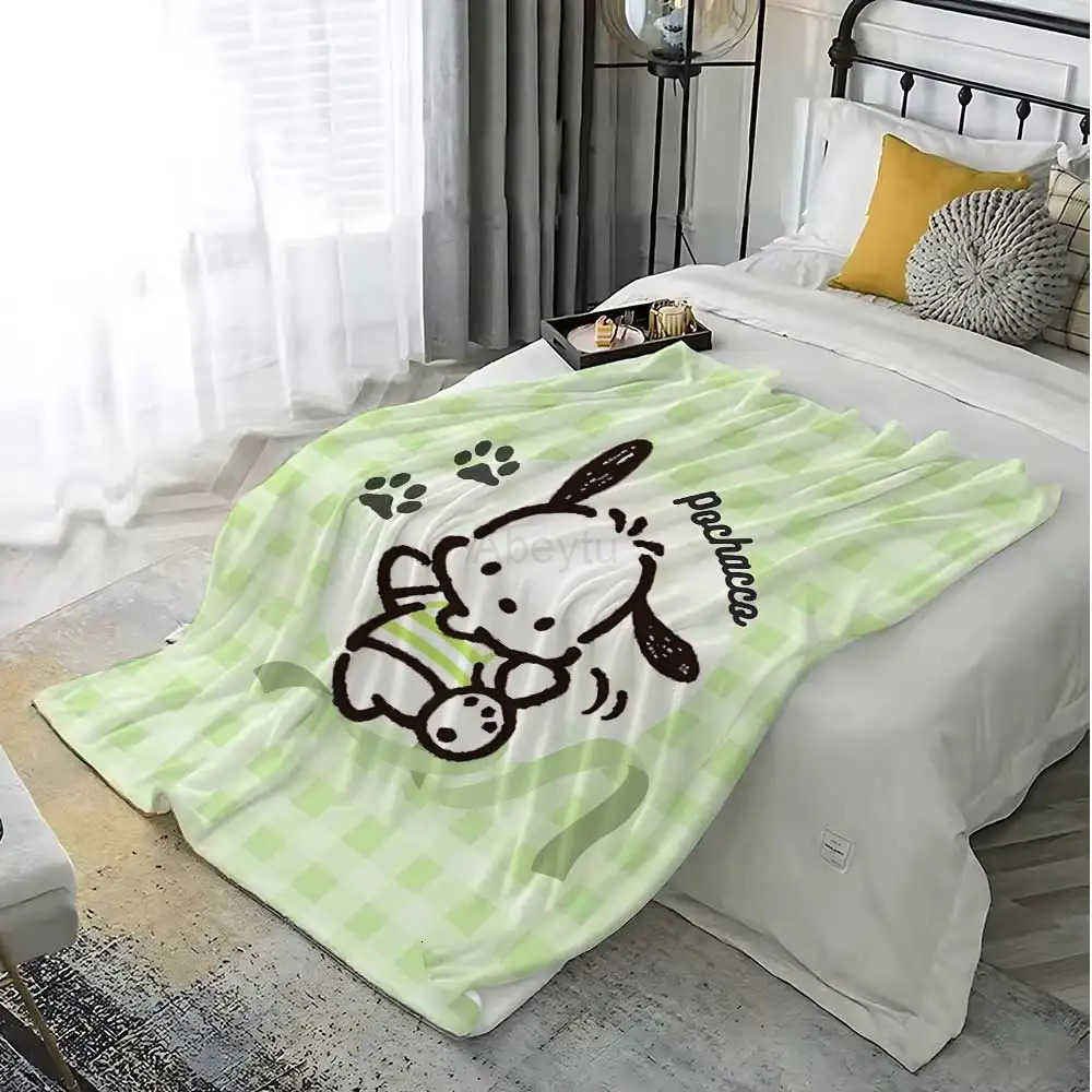 Sanrio Kawaii Green Pochacco Hairy Blankets for Bed Blanket 150cm X 200cm Home Interior Luxury Bedding Fluffy Plaid Sofa Throw Knee Nap H251201