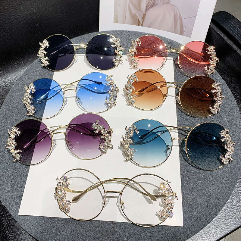 New anti blue light frameless cut edge inlaid diamond sunglasses, fashionable round rhinestone sunglasses with wave design, leg sunglasses, sunshade g