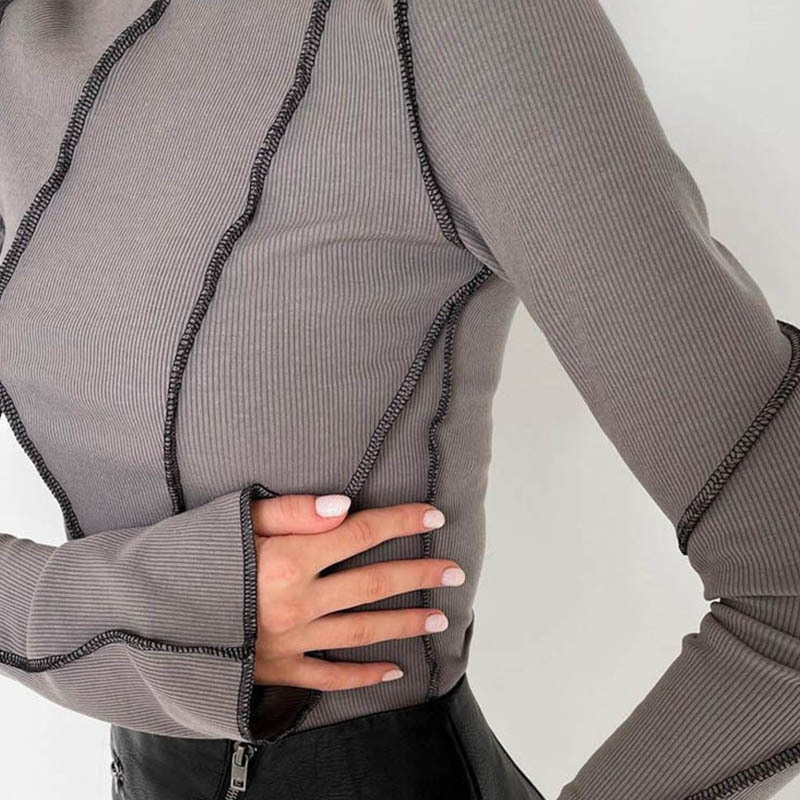 Autumn and Winter Round Neck Flare Sleeve Pit Stripe Top for Womens New Underlay Womens Fashion Sexy Long Sleeve T-shirt for Women 210302