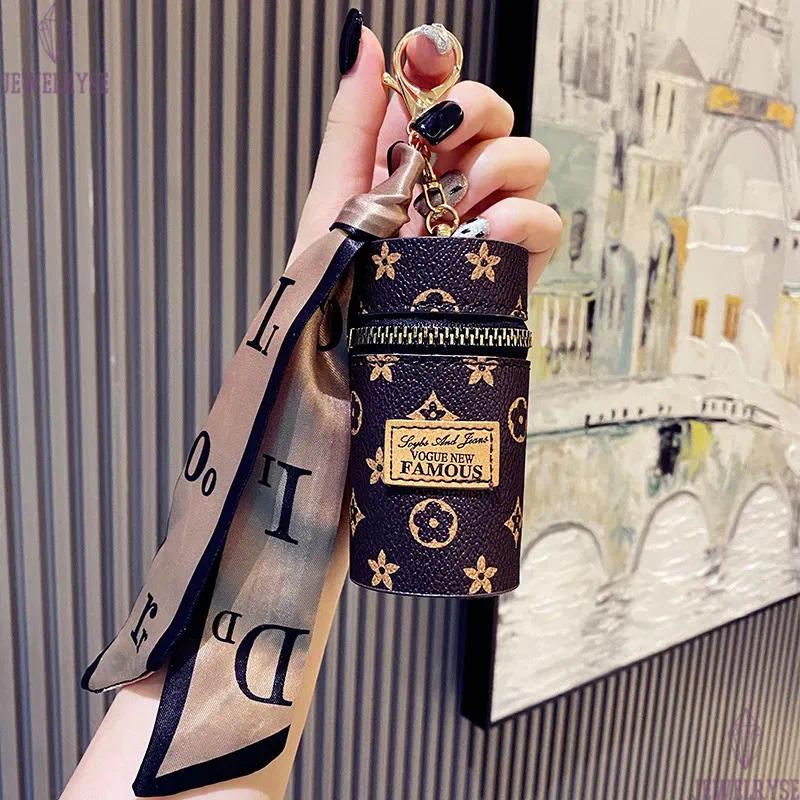 Designer Letter Key Rings Silk Scarf Lipstick Keychains Fashion PU Leather Purse Pendant Car Keyring Chain Charm Brown Flower Mini Bag Trinket Gift fo
