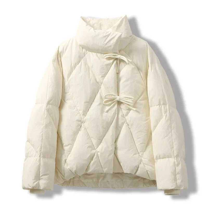 Chic Elegant Autumn Winter Women White Duck Down Coat Casual Lady Stand Collar Bow Outwear Female Solid Puffer Parka JacketT251201