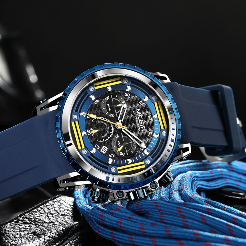 MEGIR Designer Men's Watch Luminous Waterproof Silicone Chronograph Outdoors Sports Watch Fashion Quartz Men's Watch 2143 Luxury Wristwatch 