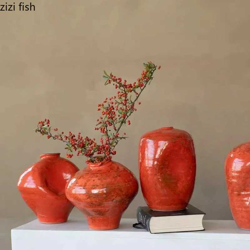 Red Gla Ceramic Vase Irregar Flower Arrangement Vese Hydroponic Vase Desktop Artistic Flower Ware Dried Flower Vases Y251201
