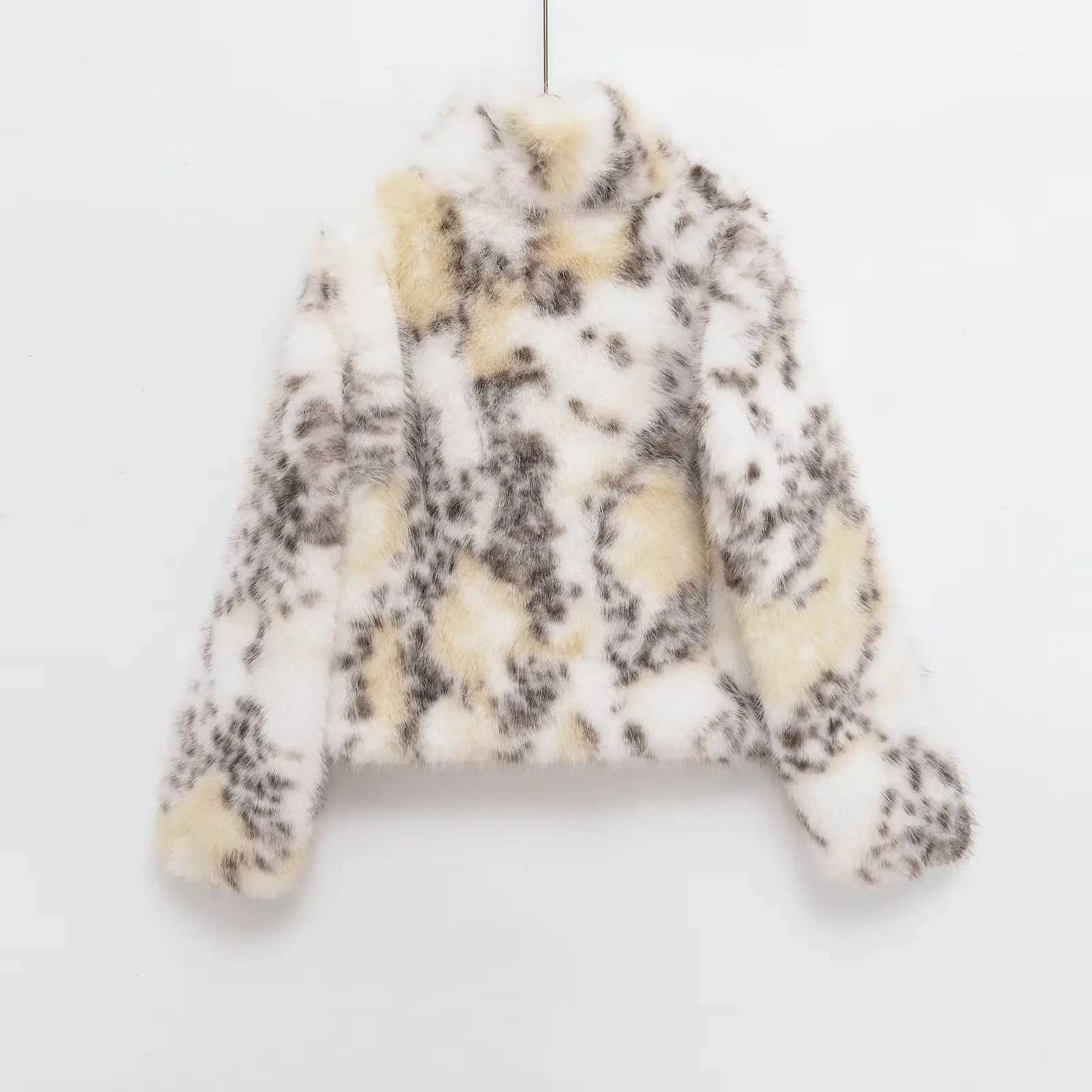 2025 Winter Animal Print Fluffy Faux Fur Coats For Women Chic Thick Warmth Stand Collar Jacket Street Lady Long Sleeve OuterwearT251201